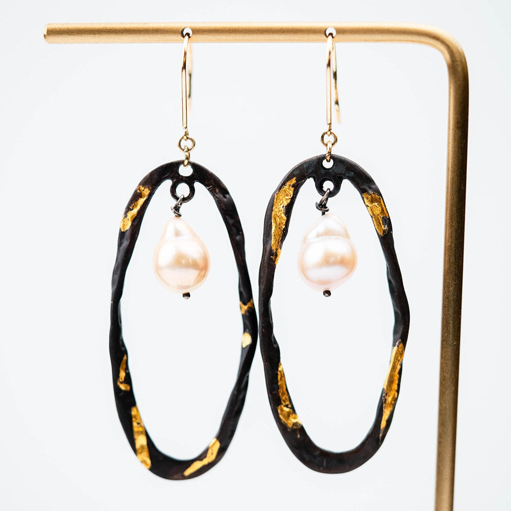 Black & Gold Oval Earrings with Pearls