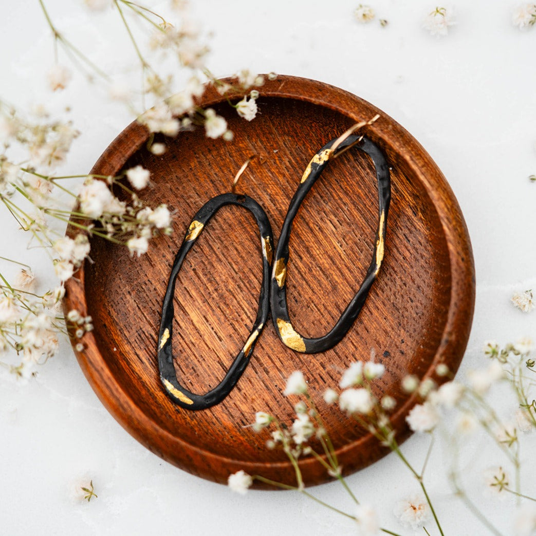 Black & Gold Organic Oval Earrings