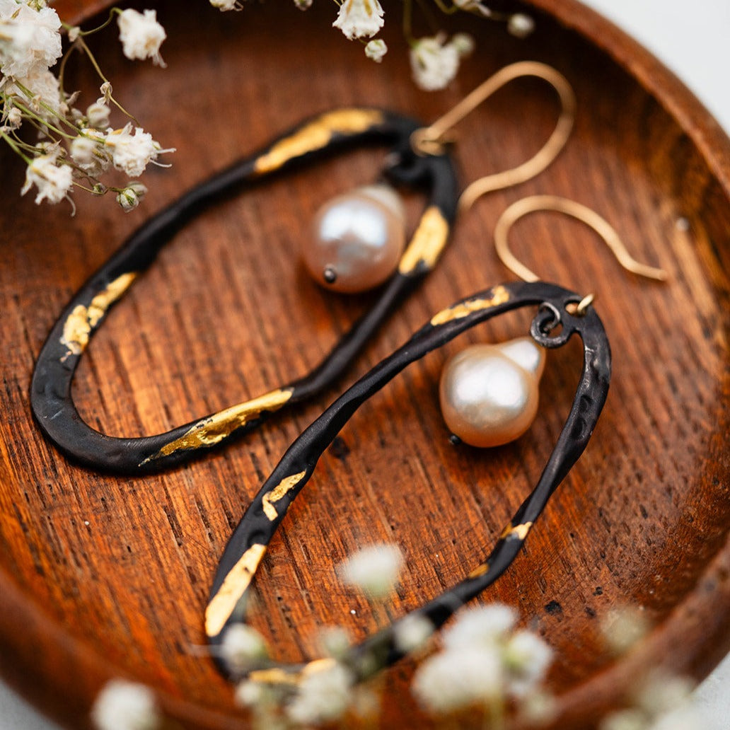 Black & Gold Oval Earrings with Pearls