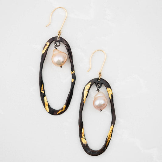 Black & Gold Oval Earrings with Pearls