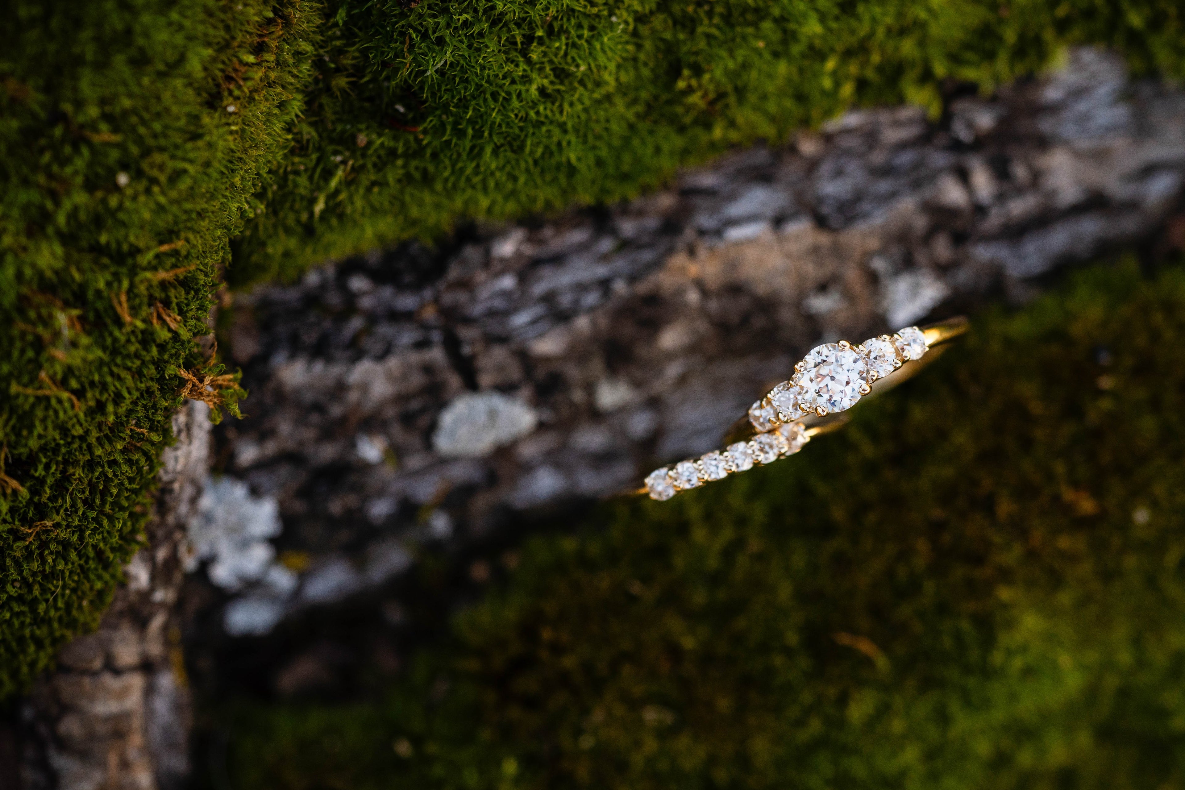 Heirloom diamond and 14k yellow gold engagement ring and wedding band